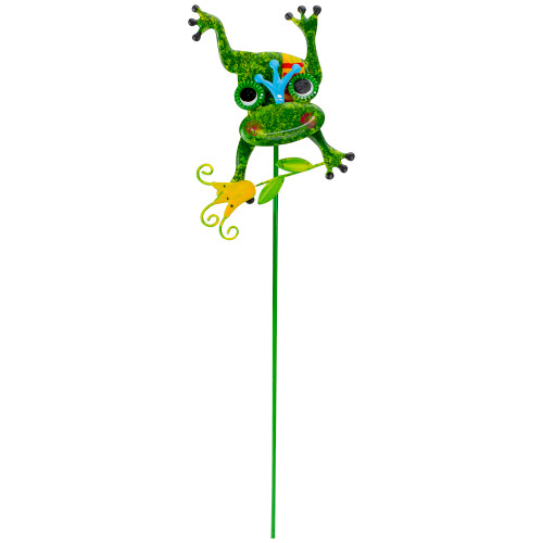 17" Bobbling Jumping Green Colorful Metal Frog Outdoor Garden Stickess Upside Down Metal Frog On a Outdoor Garden Stick