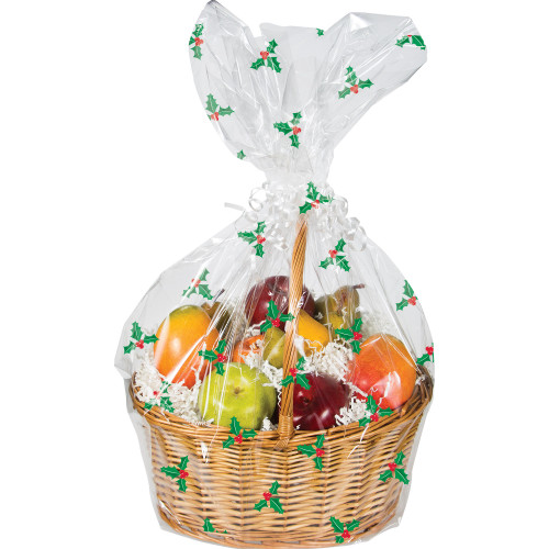 Club Pack of 12 Christmas Holly Printed Large Cellophane Gift Basket Bags 25"