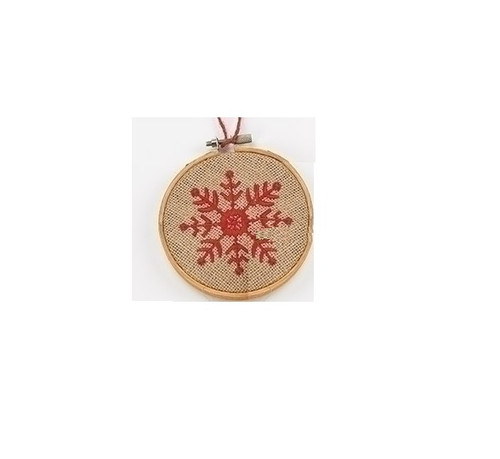 4.5" Tan and Red Embroidered Snowflake in Hoop Loom Christmas Ornament