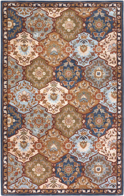 5' x 8' Olive Green and Blue Floral Hand Tufted Wool Area Throw Rug