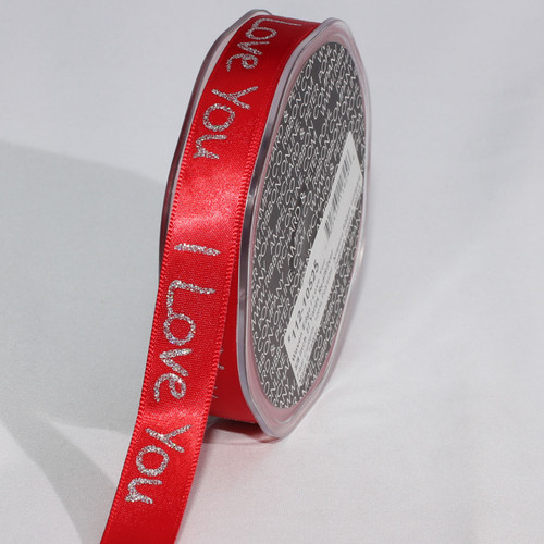 Red with Silver "I Love You" Woven Edge Craft Ribbon 0.50" x 108 Yards
