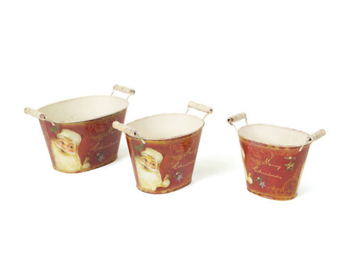 Set of 3 Retro Santa Claus Oval Vintage Style Decorative Buckets with Handles