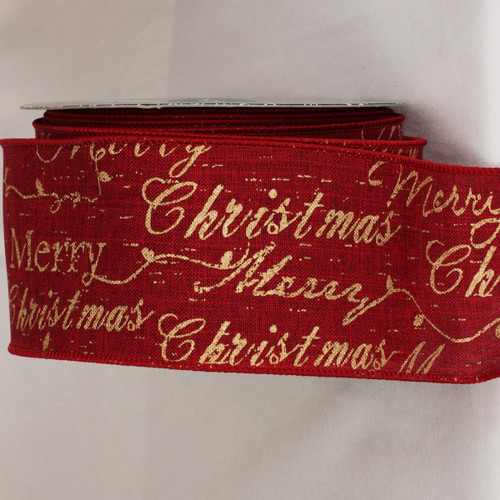 Burgundy Red and Gold Merry Christmas Scripted Wired Craft Ribbon 3" x 20 yards