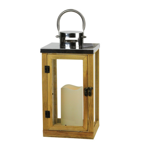 13.75" Country Rustic Wood and Glass Lantern with LED Flameless Pillar Candle with Timer