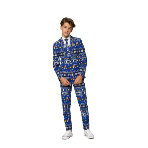Blue and White Merry Mario Boys Teen Christmas Suit - 12Y