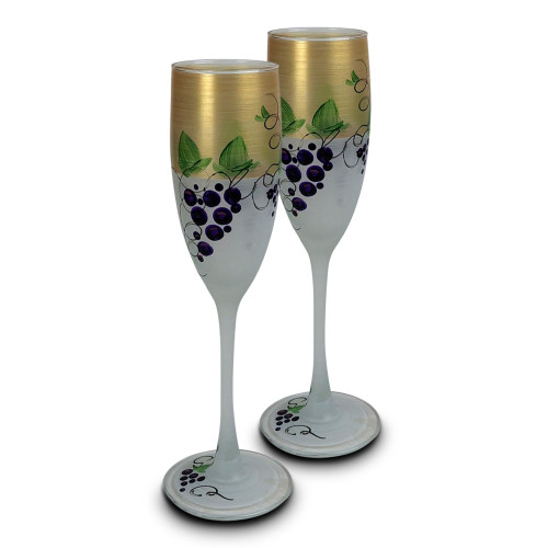 Set of 2 Gold and Green Grapes Hand Painted Champagne Flute Drinking Glass 5.75 oz.