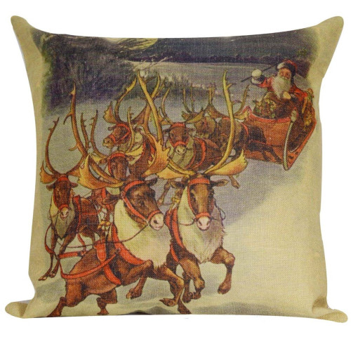 18" Beige Santa Claus with Reindeer and Sleigh Throw Pillow Cover