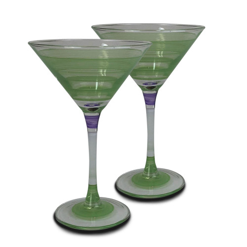 Set of 2 Purple Retro Stripe Hand Painted Martini Drinking Glasses - 7.5 Ounces