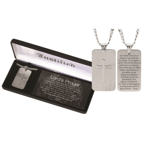 24" Silver Lord's Prayer Dogtag Style Men Pendant Necklace