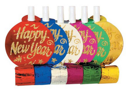 Club Pack of 72 Red and Blue Glittered Happy New Year Blowout Noisemakers 10.25"