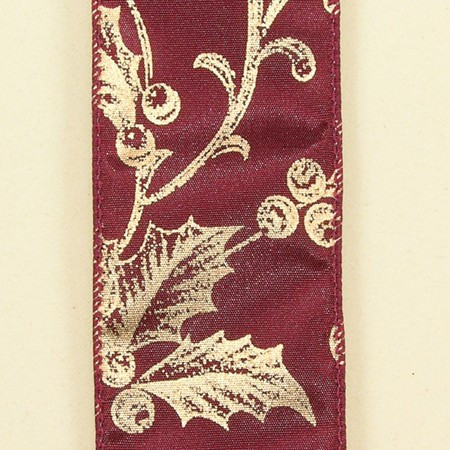 Burgundy Red with Gold Poinsettia and Berry Print Wired Craft Ribbon 2" x 40 Yards