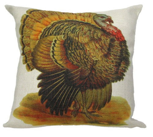 18" White and Yellow Vintage Autumnal Turkey Throw Pillow