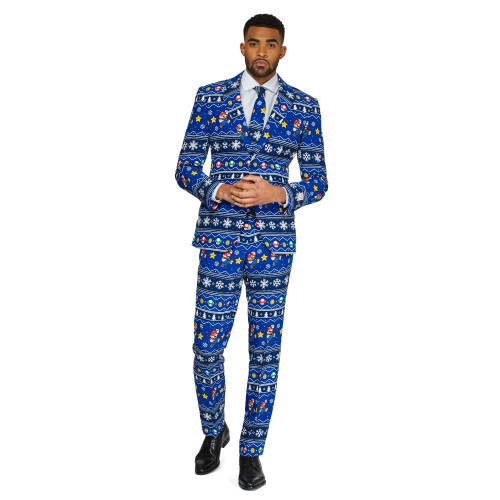 Blue and White Merry Mario Printed Men's Adult Christmas Slim Fit Suit - US50