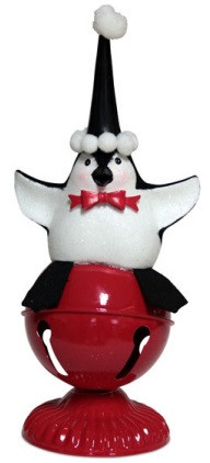 11.25" Playful Glittered Black and White Penguin Sitting on Large Christmas Red Jingle Bell