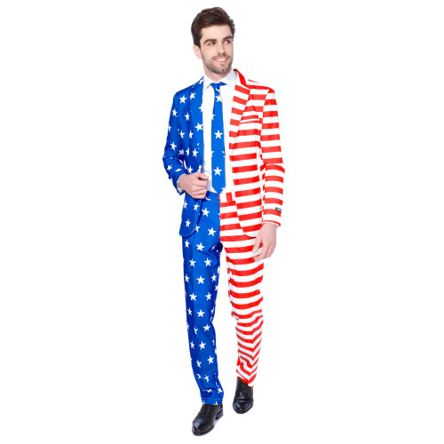 Blue and Red USA Flag Americana Printed Men's Adult Summer Suit - Small