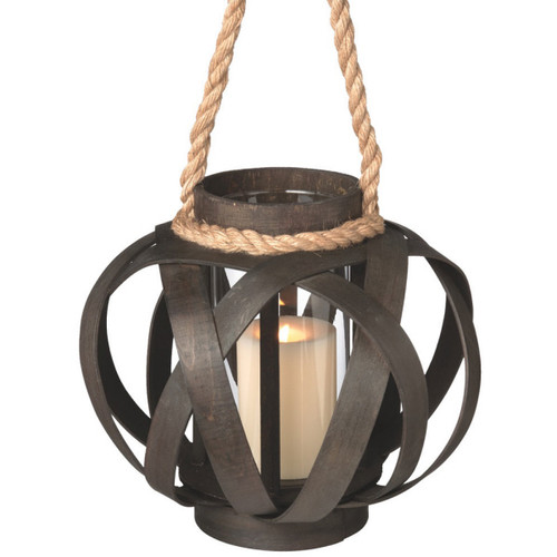 11" Small Brown Open Weave Pillar Candle Lantern with Rope Handle