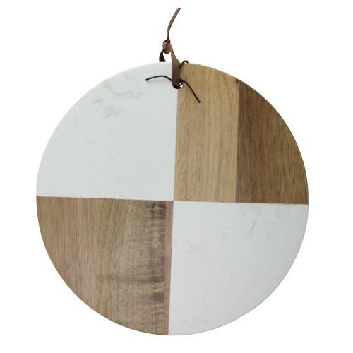 9.5" Ivory and Brown Solid Acacia Wood and Marble Round Cutting Cheese Board