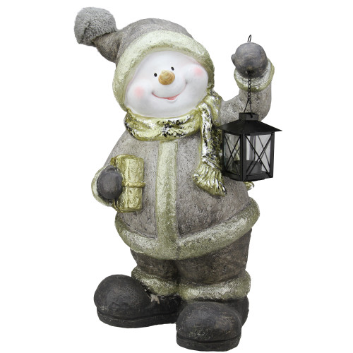 19" Gray and Gold Snowman with Lantern Christmas Tabletop Decor