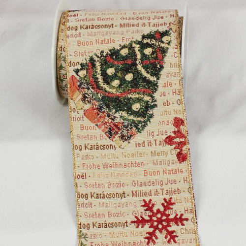 Ivory and Green Christmas Tree Wired Craft Ribbon 6" x 9 Yards