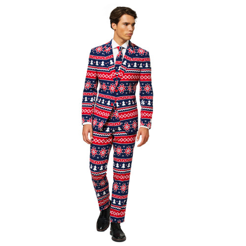 Red and Navy Blue Nordic Noel Men's Adult Christmas Suit - US40