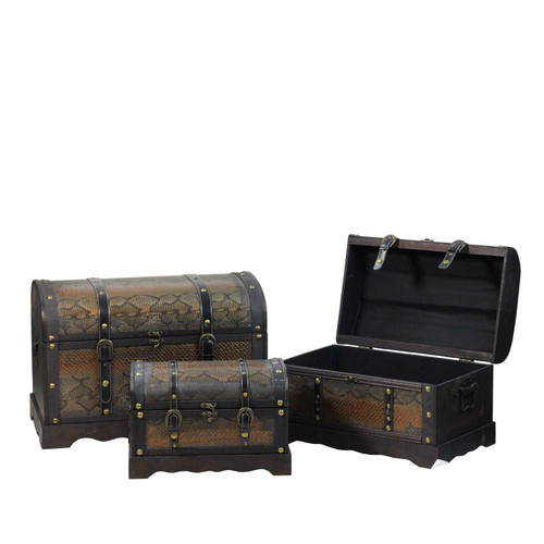 Set of 3 Decorative Antique Brown Wood and Faux Snakeskin Storage Boxes 22.5"