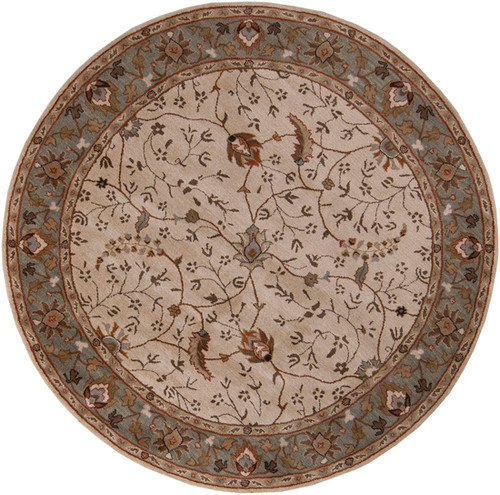 9.75' Porcius Tan, Espresso and Olive Grey Hand Tufted Round Wool Area Throw Rug