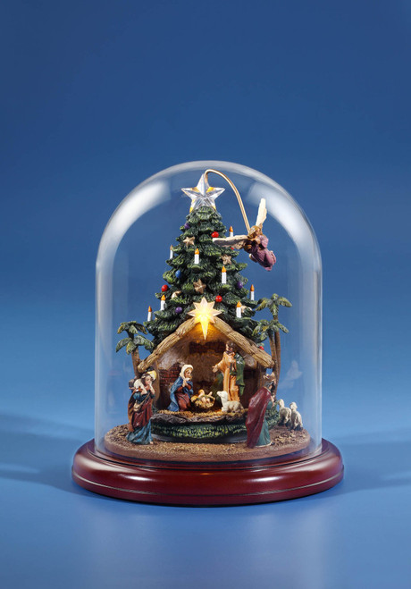 9” Green and Red Angel Rotating Nativity Tree with Dome Tabletop Decoration