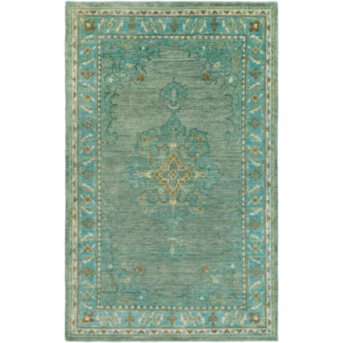 9' x 13' Teal Green and Yellow Hand Knotted Rectangular Wool Area Throw Rug