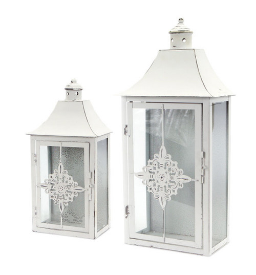 Set of 2 Vintage White Distressed Pillar Candle Lanterns 19.5"
