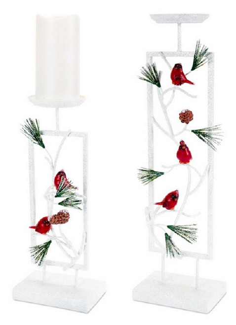Snowy Cardinal and Pine Christmas Pillar Candle Holders - 19.5" - Set of 2