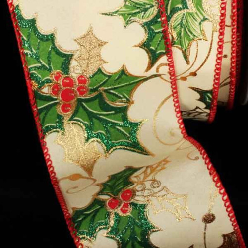 Green and Gold Mistletoe Christmas Wired Craft Ribbon 2.5-Inch x 20 Yards