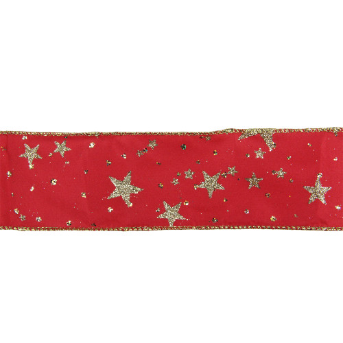 Glittering Red and Gold Stars Christmas Wired Craft Ribbon 2.5" x 16 Yards