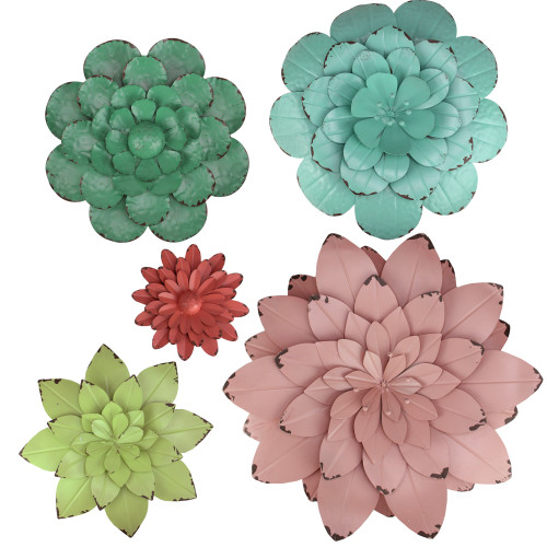 Set of 5 Multi Colored Distressed Leaf Flower Dimensional Wall Decoration 20.5"