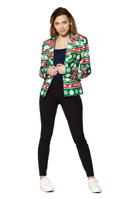 Green and Red Nordic Women's Adult Christmas Blazer - Medium
