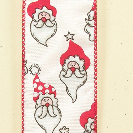 White and Red Long Bearded Santa Print Wired Craft Ribbon 2" x 40 Yards