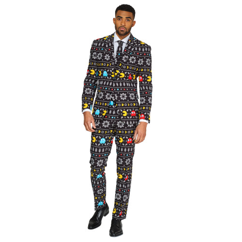 Black and White Winter Pac-Man Printed Men's Adult Christmas Suit - US38