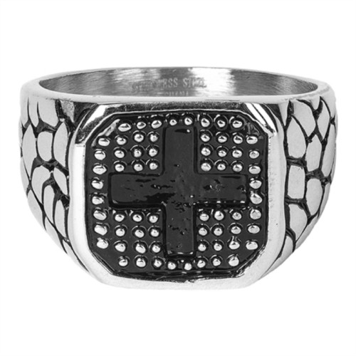 Black and Silver Religious Themed Square Shaped Ring with Cross