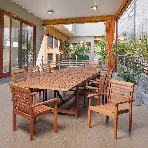 9-Piece Brown Brooks Eucalyptus Extendable Rectangular Outdoor Patio Dining Set 79"