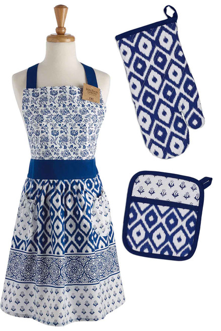 3pc Cobalt Blue Floral Kitchen Apron and Potholder Set 32"