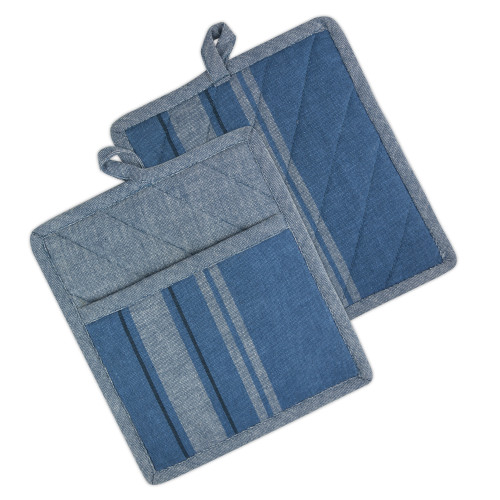 Set of 2 Blue Chambray French Striped Potholders 9"