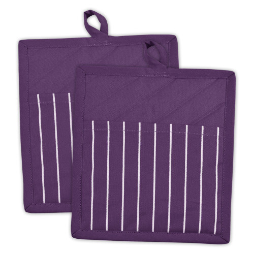 Set of 2 Eggplant Purple Striped Pattern Potholders 9"