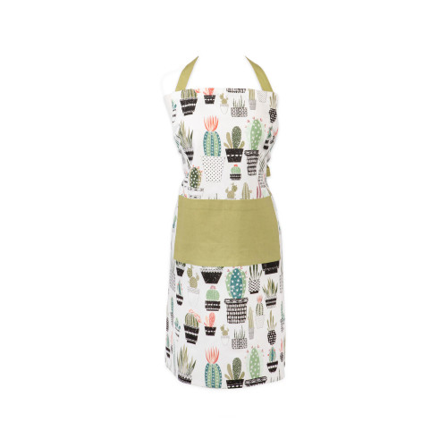 35" Green and White Urban Oasis Cactus Printed Chef Apron with Front Pocket