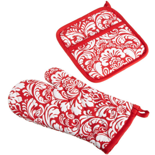 Set of 2 Floral Red and White Lattice Oven Mitt and Potholder 8"