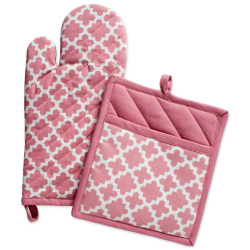 Set of 2 Peach Lattice Oven Mitt and Potholder 9"