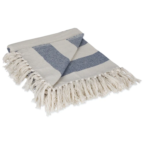 Blue and White Cabana Striped Fringed Throw Blanket 50" x 60"