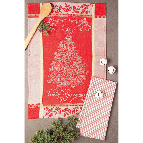 Set of 2 Red and White Vintage Merry Christmas Printed Dishtowels 28"