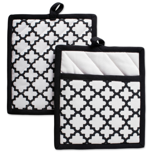 Set of 2 Black and White Quilted Lattice Potholders with Loop 9”