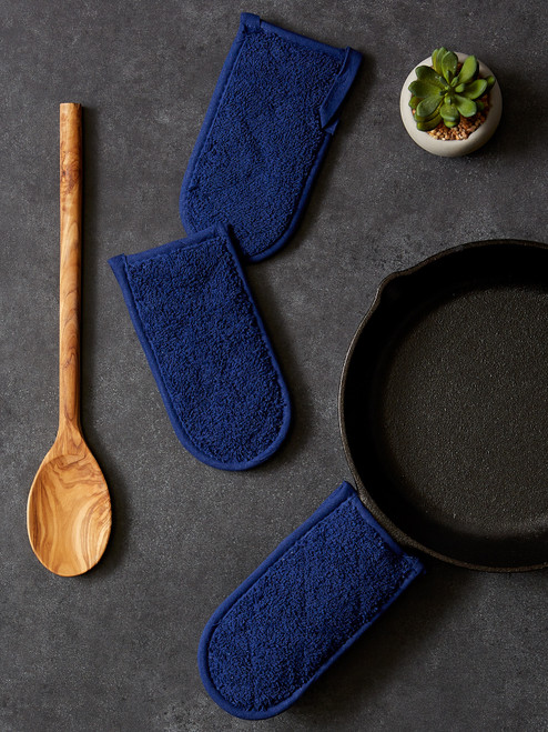 Set of 3 Navy Blue Pan Handle Terry Cloth Potholders 6”