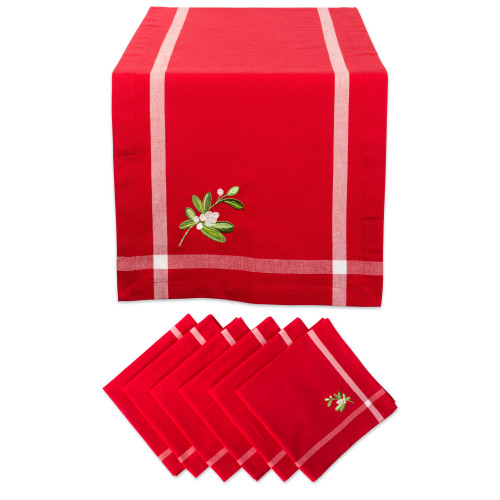 Set of 7 Christmas Red Embroidered Table Runner 72"