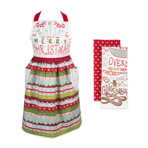 Set of 3 Red and White "We Whisk You A Merry Christmas" Apron and Towels, 32"